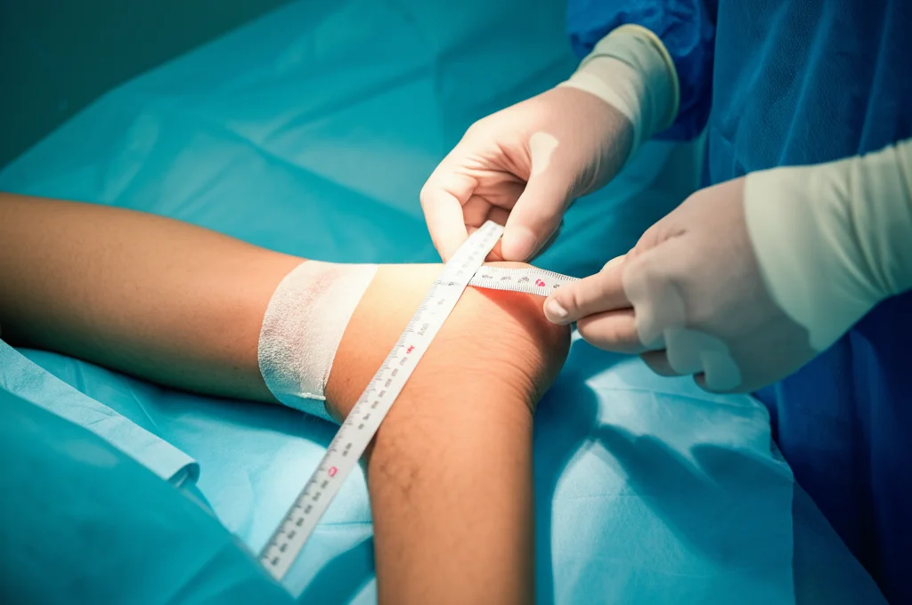 Fotografia macro, 90mm, di un chirurgo ortopedico che misura attentamente la distanza tra la tuberosità tibiale e il malleolo mediale sulla gamba di un paziente in una sala operatoria ben illuminata, luce controllata, alta definizione, focus preciso sullo strumento di misura flessibile e sulla pelle.