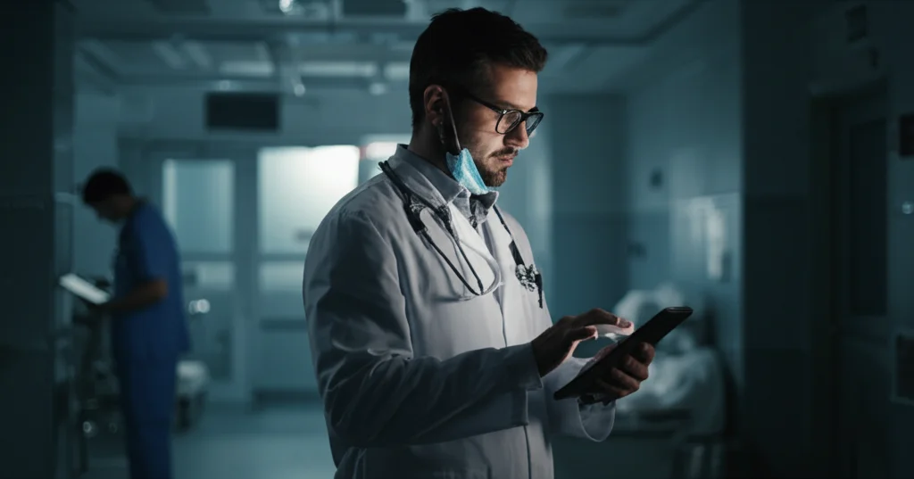 Primo piano di un medico che analizza dati su un tablet in una sala d'emergenza scarsamente illuminata, stile film noir, obiettivo 35mm, profondità di campo.