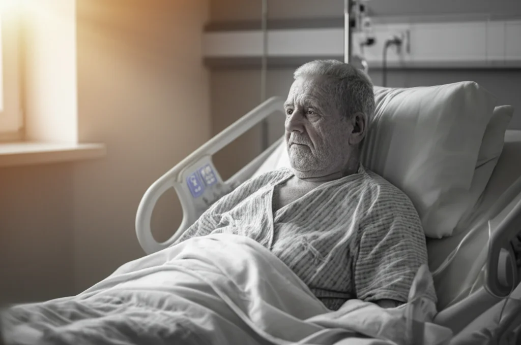 Ritratto di un paziente anziano in un letto d'ospedale, espressione pensierosa ma serena, luce naturale dalla finestra, obiettivo 50mm, profondità di campo, bianco e nero.