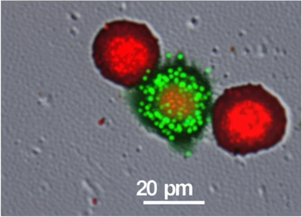 Vista al microscopio, high detail, precise focusing, che mostra piastrine ingegnerizzate (alcune con debole fluorescenza verde per GFP o granuli distinti) che interagiscono con cellule bersaglio più grandi (simili a HEK293), una cellula bersaglio che inizia a mostrare fluorescenza rossa (RFP), illustrando la consegna di proteine e la modifica cellulare.