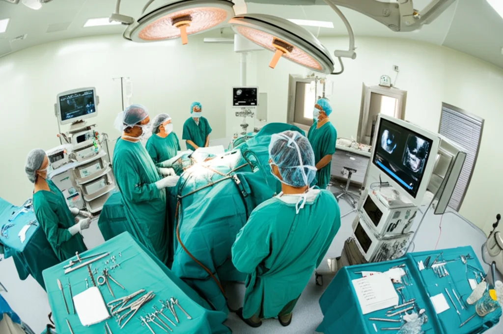 Fotografia grandangolare, 18mm, di una sala operatoria moderna e luminosa durante un intervento ortopedico alla tibia, vista dall'alto. Il team chirurgico è concentrato sul paziente, circondato da monitor che mostrano dati biometrici e immagini radiografiche. Messa a fuoco nitida sull'intera scena, luce ambientale brillante.