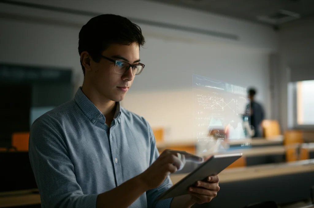 Primo piano di un giovane futuro insegnante di matematica, uomo sui 25 anni, in un'aula moderna e luminosa, che interagisce con un tablet che mostra grafici matematici complessi generati da un'interfaccia AI. Luce naturale laterale che illumina metà del volto concentrato, l'altra metà in ombra leggera. Obiettivo prime 35mm, profondità di campo ridotta per sfocare lo sfondo dell'aula. Stile film noir ma con colori naturali.