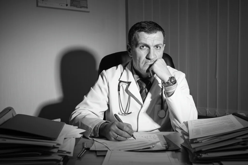 Fotografia in bianco e nero, un medico di base dall'aria stanca e pensierosa seduto alla sua scrivania piena di carte in uno studio medico. Obiettivo 35mm, film noir, profondità di campo.