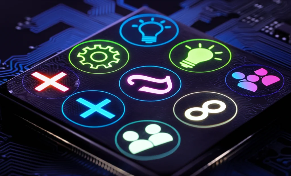 Fotografia macro di un chip di silicio su cui sono incisi simboli matematici luminosi (+, -, ∫, ∞) e icone stilizzate rappresentanti le competenze del 21° secolo (ingranaggio per pensiero critico, lampadina per creatività, persone stilizzate per collaborazione). Illuminazione drammatica e controllata che evidenzia i dettagli incisi, sfondo scuro. Obiettivo macro 90mm, messa a fuoco precisa sui simboli.