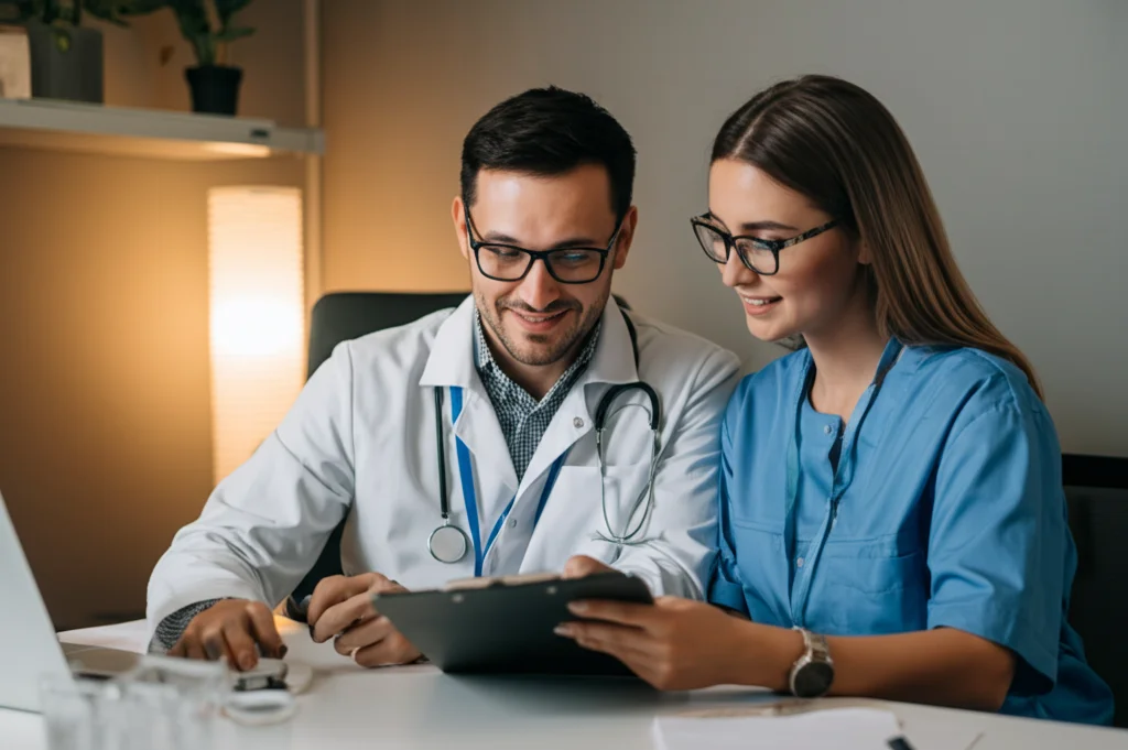 Fotografia di due professionisti sanitari, un medico di base e un'infermiera specializzata (PMHNP), che collaborano sorridenti su una cartella clinica in uno studio medico accogliente. Obiettivo zoom 24-70mm, luce calda e controllata, alta definizione.