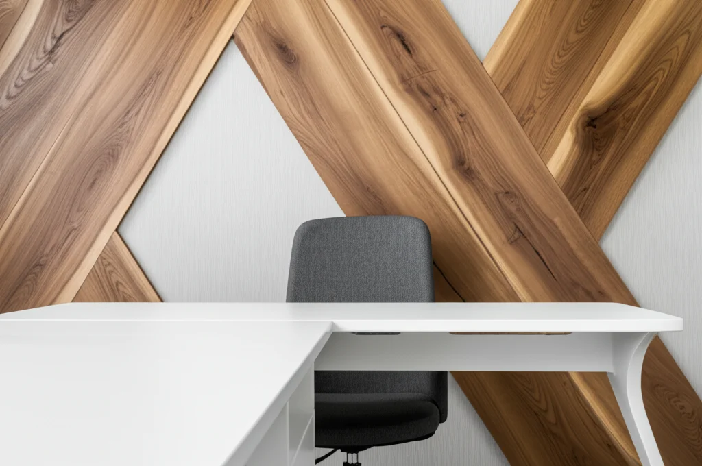 Interno di un ufficio moderno con una parete rivestita per il 70% in legno di quercia a media tonalità, una scrivania bianca (vernice, 15%) e una sedia da ufficio in tessuto grigio scuro (15%). Luce ambientale neutra, lente 35mm, profondità di campo media per mostrare l'interazione dei materiali nello spazio.