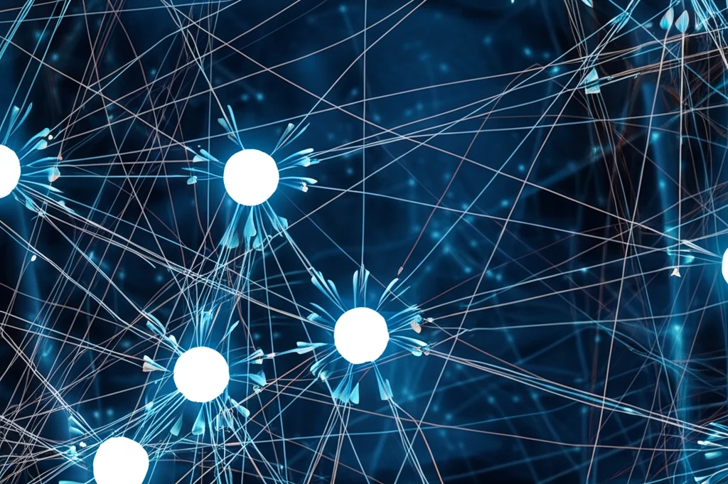 Visualizzazione astratta di una rete neurale NARX complessa con nodi interconnessi e frecce che indicano il flusso di dati, inclusi input esterni. Illuminazione high detail, obiettivo macro 60mm per mostrare la complessità della rete, sfondo scuro per far risaltare la struttura.