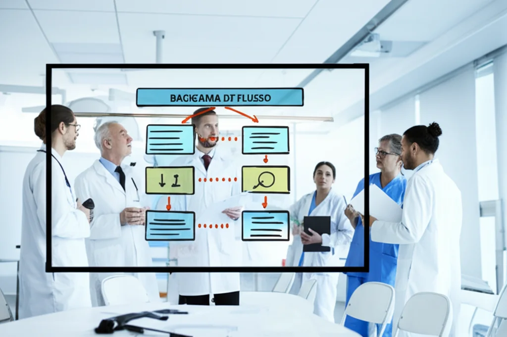 Diagramma di flusso stilizzato su uno schermo digitale in una sala riunioni ospedaliera. Persone in camice bianco discutono indicando il diagramma. Obiettivo grandangolare 24mm per includere la scena, luce ambientale controllata, focus nitido sul diagramma.