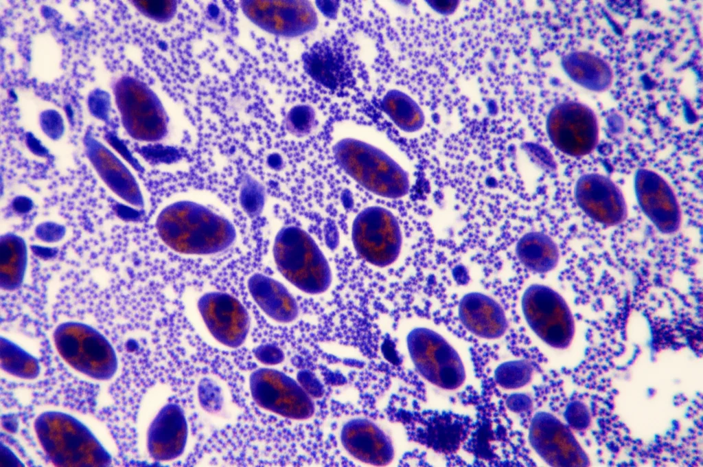 Immagine macro ad alta definizione di cellule di adenocarcinoma polmonare (LUAD) in coltura sotto un microscopio, alcune cellule mostrano morfologia alterata post-irradiazione, illuminazione controllata da laboratorio, obiettivo macro 100mm, high detail.