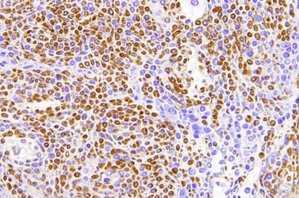 Visualizzazione al microscopio con colorazione immunoistochimica (IHC) che mostra l'espressione differenziale della proteina STC2 (colorazione marrone più intensa nei non-responder) in sezioni di tessuto di adenocarcinoma polmonare, alta definizione, obiettivo macro 80mm, controlled lighting.