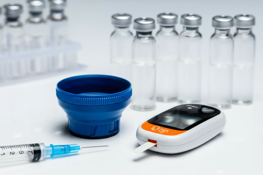 Fotografia still life, lente macro 100mm, di fiale di insulina e un glucometro su un tavolo da laboratorio pulito. Illuminazione controllata e alta definizione per mostrare i dettagli degli strumenti medici, simboleggiando il controllo glicemico e il trattamento del diabete.