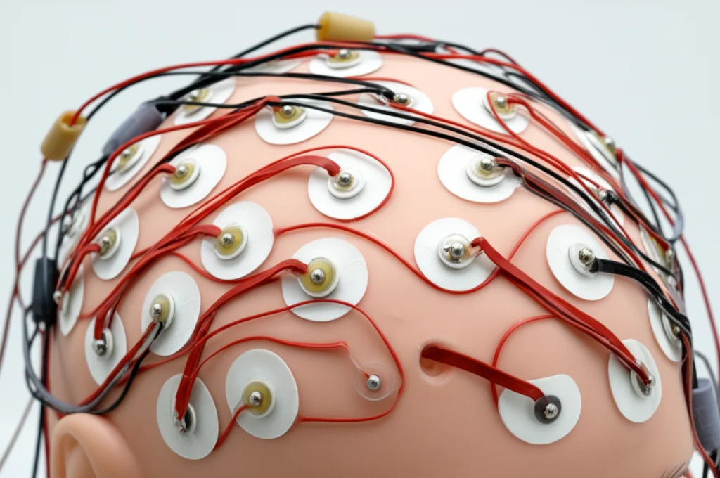 Fotografia macro di elettrodi EEG posizionati su un modello di testa umana, illuminazione controllata, alta definizione, obiettivo macro 90mm, focus preciso sui dettagli dei sensori e dei cavi sottili.