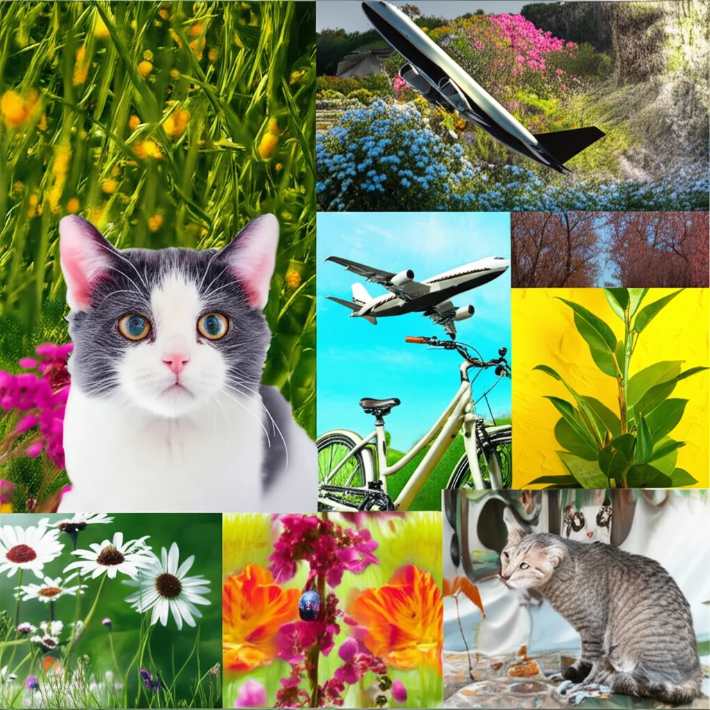Collage vibrante di diverse immagini naturalistiche usate come stimoli visivi: un gatto, una bicicletta, un aereo, una pianta. Alta definizione, colori vividi, stile composito.