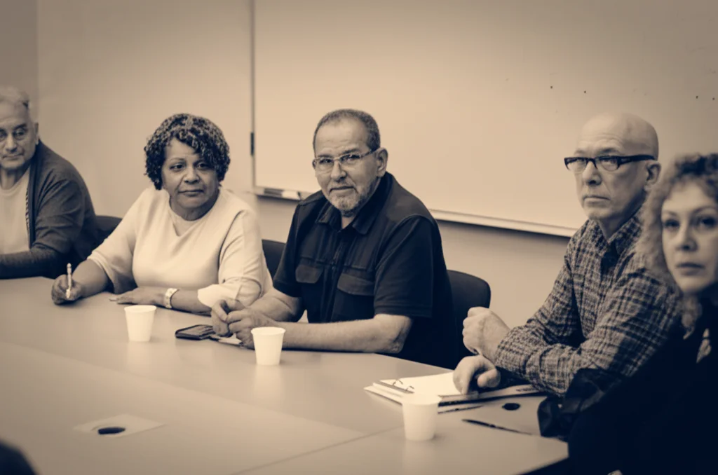 Fotografia di ritratto di gruppo di membri diversi di un comitato consultivo comunitario (CAB) seduti attorno a un tavolo durante una riunione, atmosfera collaborativa e seria, luce controllata, obiettivo prime 35mm, toni bicromatici seppia e grigio.
