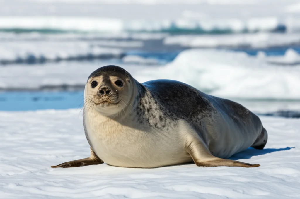 Fotografia naturalistica di una foca di Weddell adulta che riposa sul ghiaccio marino in Antartide, apparentemente in buona salute. Obiettivo teleobiettivo 200mm, luce naturale brillante, messa a fuoco nitida sull'animale, ghiaccio sullo sfondo.