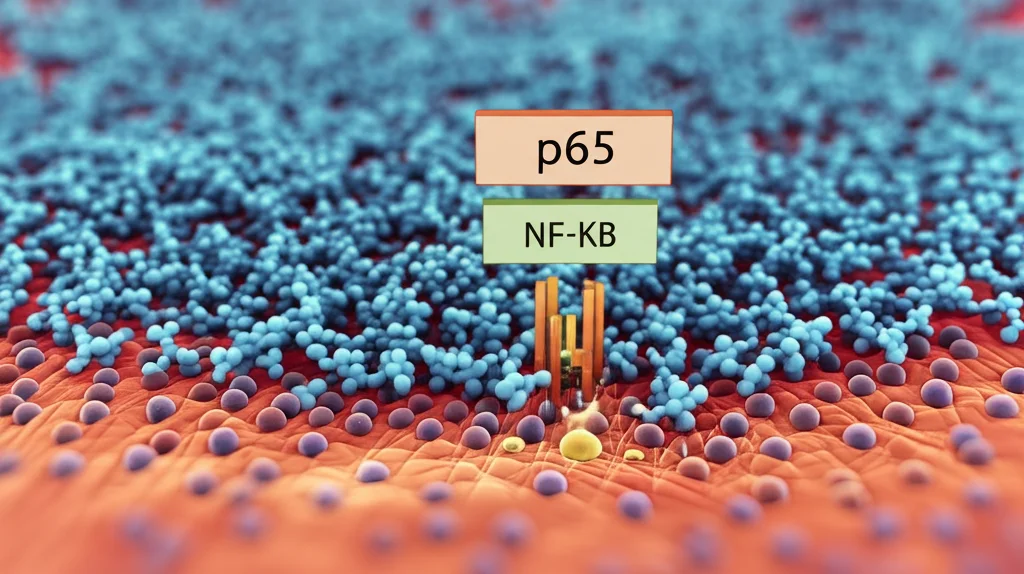 Illustrazione 3D fotorealistica che mostra la proteina ITGB3 sulla membrana di una cellula epiteliale bronchiale mentre interagisce con componenti della via di segnalazione NF-kB all'interno della cellula. Evidenziazione dell'inibizione della fosforilazione di p65 (un componente chiave di NF-kB). Focus preciso, profondità di campo ridotta per enfatizzare l'interazione molecolare, stile scientifico ma artistico.
