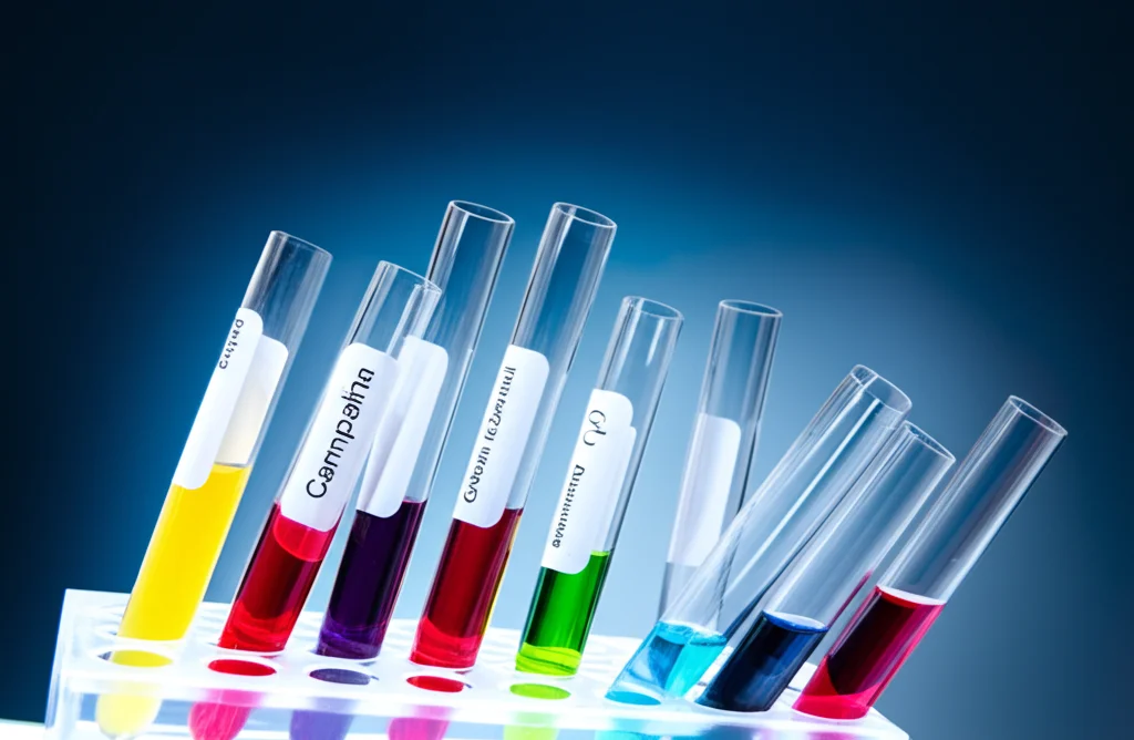 Fotografia di laboratorio still life, provette con campioni di sangue per test di funzionalità epatica (albumina, bilirubina), obiettivo macro 100mm, alta definizione, illuminazione da studio controllata per enfatizzare i colori dei reagenti.