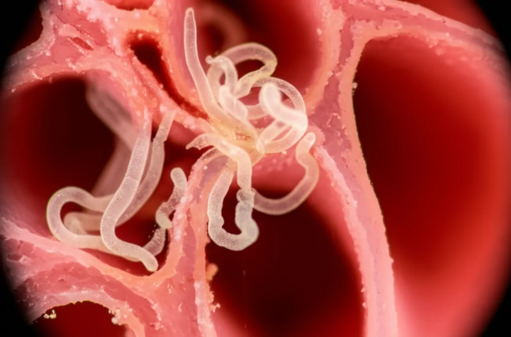 Fotografia macro di un campione biologico che mostra un'ostruzione causata da un groviglio compatto di parassiti cestodi (tenie) all'interno di una sezione di intestino di mammifero marino. Illuminazione controllata da laboratorio, obiettivo macro 100mm, alta definizione dei dettagli dei parassiti e del tessuto intestinale circostante.