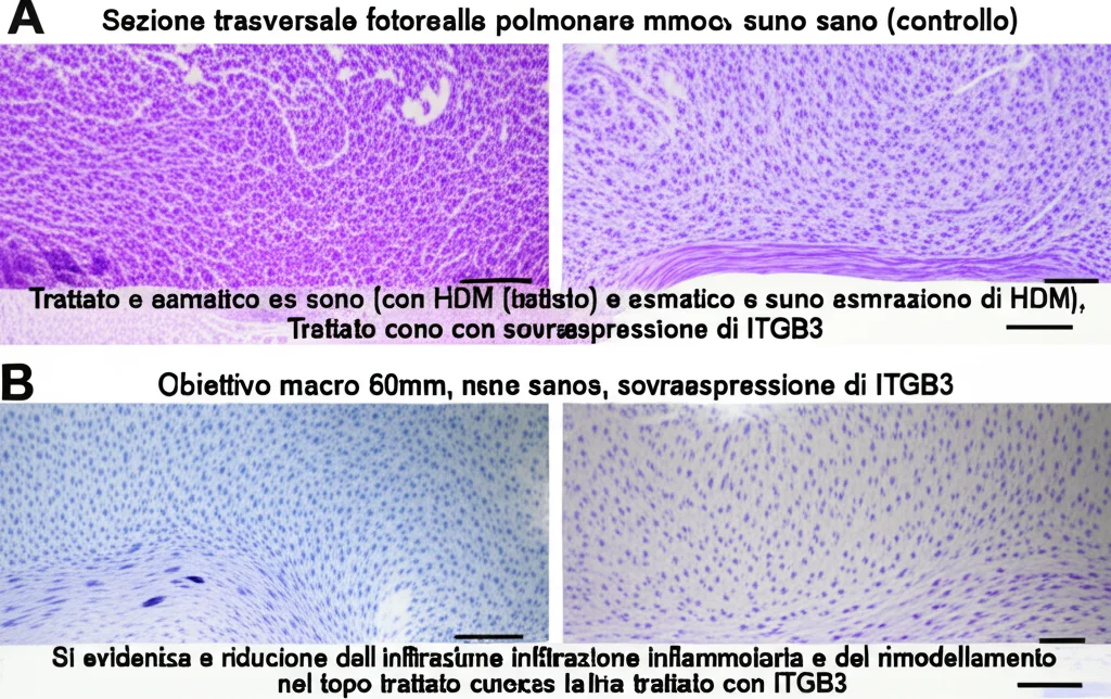 Sezione trasversale fotorealistica di tessuto polmonare di topo sano (controllo) a confronto con uno asmatico (trattato con HDM) e uno asmatico con sovraespressione di ITGB3. Colorazione Ematossilina e Eosina (HeE). Si evidenzia la riduzione dell'infiltrazione infiammatoria e del rimodellamento nel topo trattato con ITGB3. Obiettivo macro 60mm, illuminazione da microscopio, alta risoluzione, confronto side-by-side.