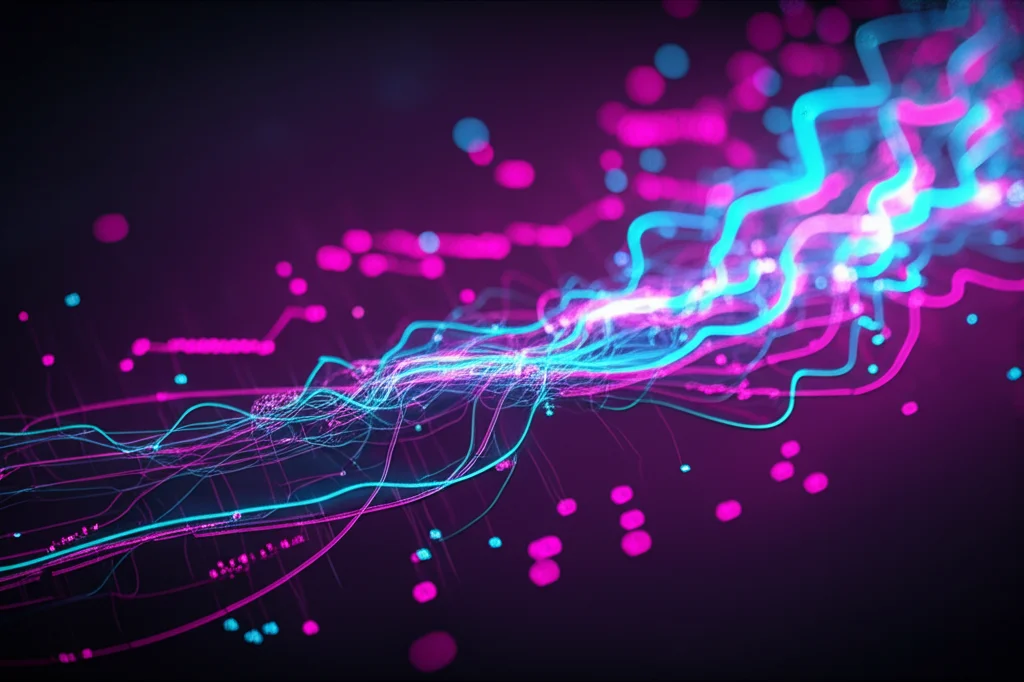 Visualizzazione astratta di segnali cerebrali EEG colorati che si intrecciano su uno sfondo scuro, stile futuristico, duotone ciano e magenta, profondità di campo, linee luminose.