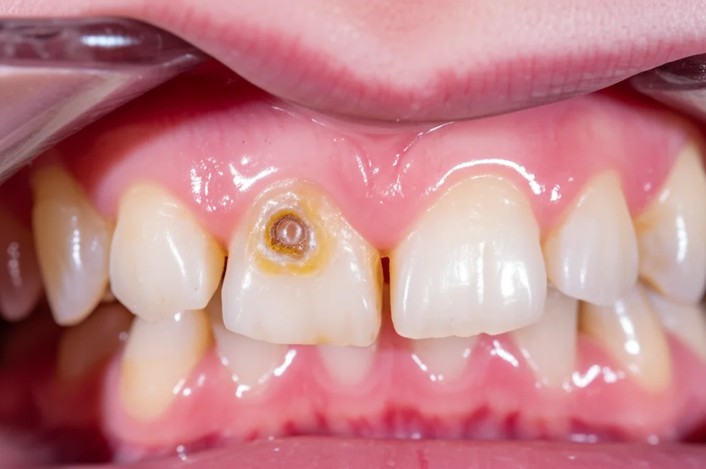 Macro fotografia di un incisivo primario superiore di un bambino piccolo con evidenti segni di carie precoce (ECC), focus preciso sulla lesione cariosa biancastra/giallastra vicino al margine gengivale. Illuminazione controllata per evidenziare la texture dello smalto demineralizzato. Obiettivo macro 90mm, alta definizione.