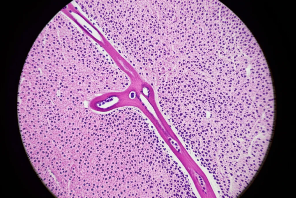 Microfotografia di una sezione istologica di polmone di mammifero marino che mostra infiammazione cronica e fibrosi intorno ai bronchioli, con evidenza di parassiti (larve di vermi polmonari). Colorazione Ematossilina Eosina, alto ingrandimento, dettagli cellulari nitidi, illuminazione da microscopio.