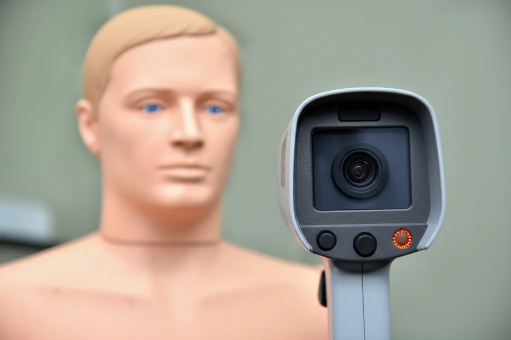 Fotografia macro di una termocamera medica professionale puntata verso un manichino medico o uno sfondo neutro, luce controllata, alta definizione, obiettivo 60mm.