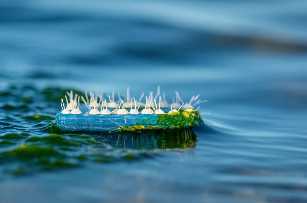Macro fotografia di un pezzo di plastica blu semi-trasparente che galleggia sulla superficie dell'acqua calma dell'oceano, con piccoli cirripedi bianchi e sottili filamenti di alghe verdi attaccati ad esso. Obiettivo macro 100mm, alta definizione, messa a fuoco precisa sui dettagli dei cirripedi e sulla texture della plastica, illuminazione naturale laterale che crea ombre morbide.