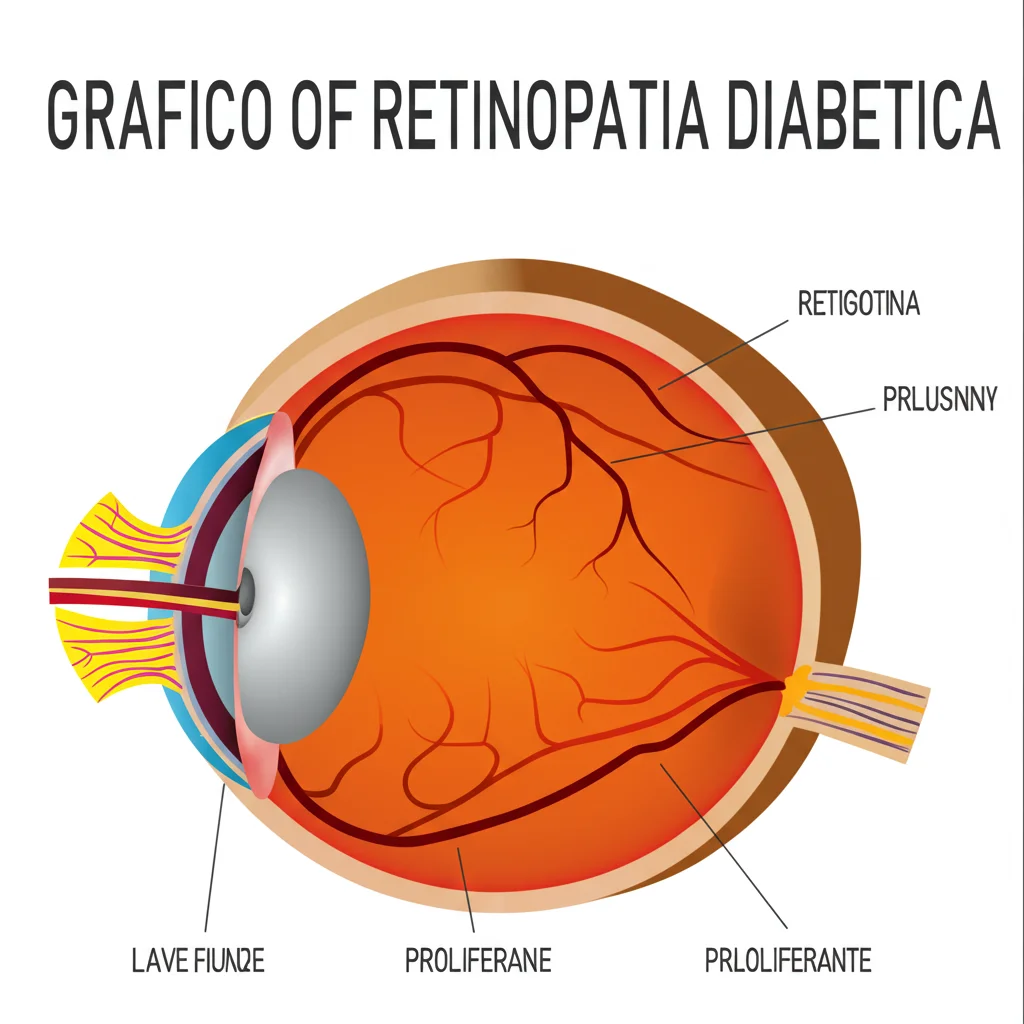 Grafico scientifico che illustra la progressione della retinopatia diabetica, mostrando i diversi stadi da lieve a proliferante con immagini esemplificative della retina. Stile infografica chiara e pulita.