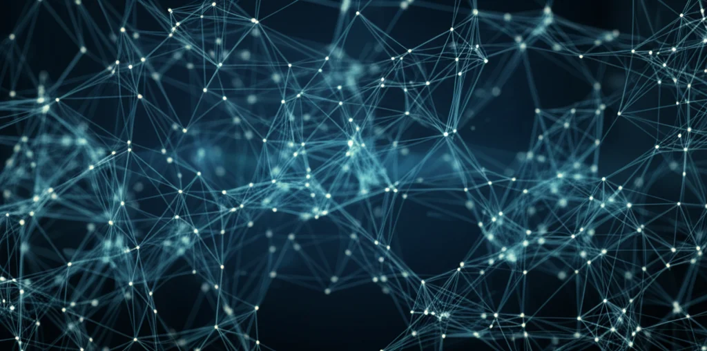 Visualizzazione astratta di una rete neurale profonda con nodi luminosi e connessioni su sfondo scuro, rappresentante l'intelligenza artificiale che analizza dati medici, stile futuristico.