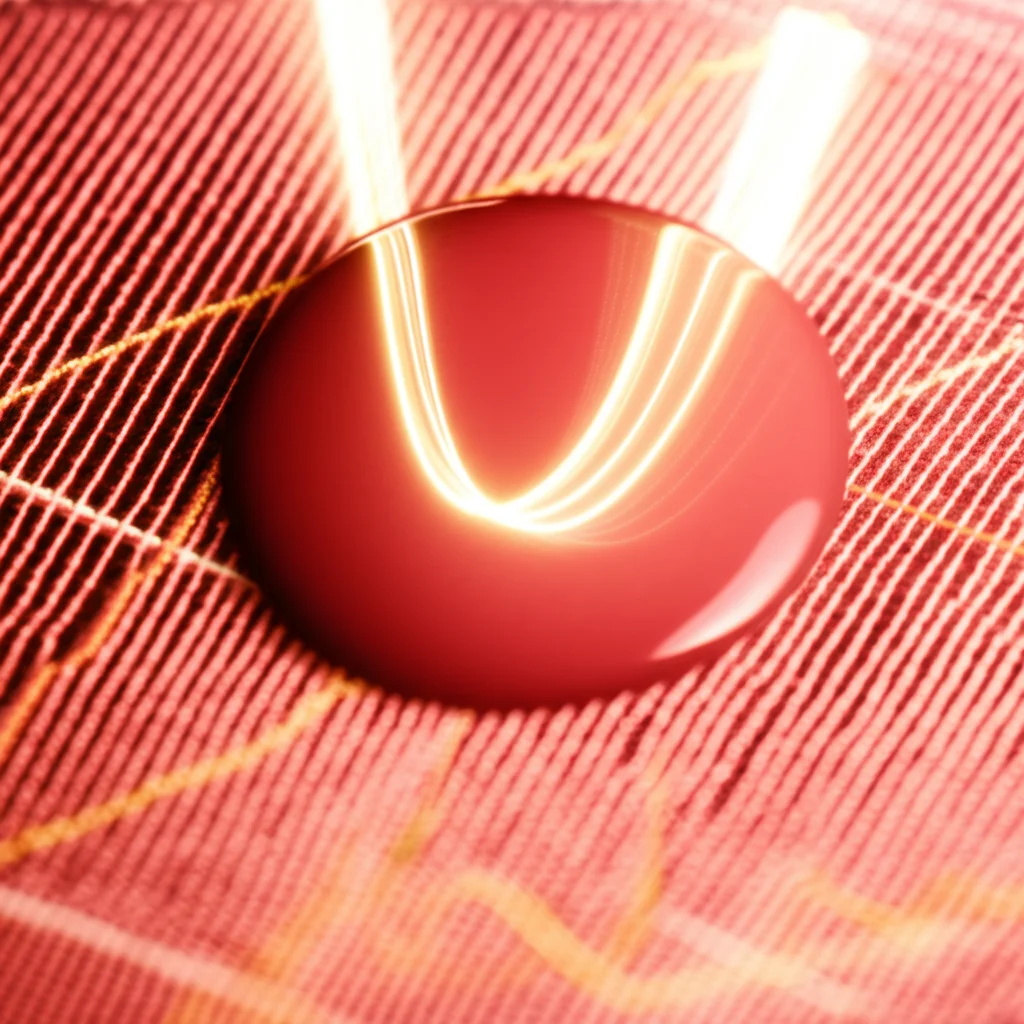 Fotografia macro, lente 60mm, che mostra una goccia di sangue su una superficie riflettente accanto a un grafico astratto a forma di U luminoso, illuminazione controllata per evidenziare i dettagli.