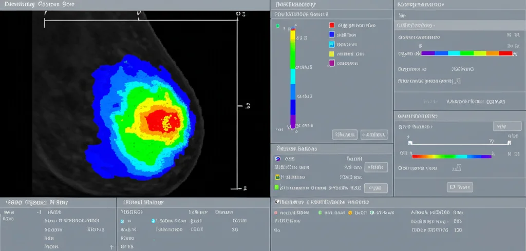 Schermata di un software medico avanzato che mostra un'immagine termografica del seno con sovrapposte mappe di calore colorate (stile Grad-CAM) che evidenziano aree di interesse diagnostico, interfaccia utente pulita.