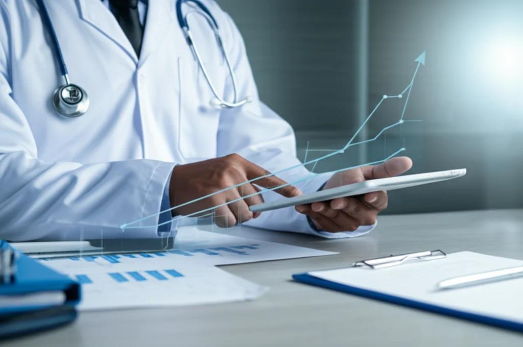 Fotografia stile ritratto, lente 35mm, che inquadra le mani di un medico che indicano un grafico lineare crescente su un tablet, sfondo sfocato di uno studio medico, luce naturale laterale, profondità di campo.