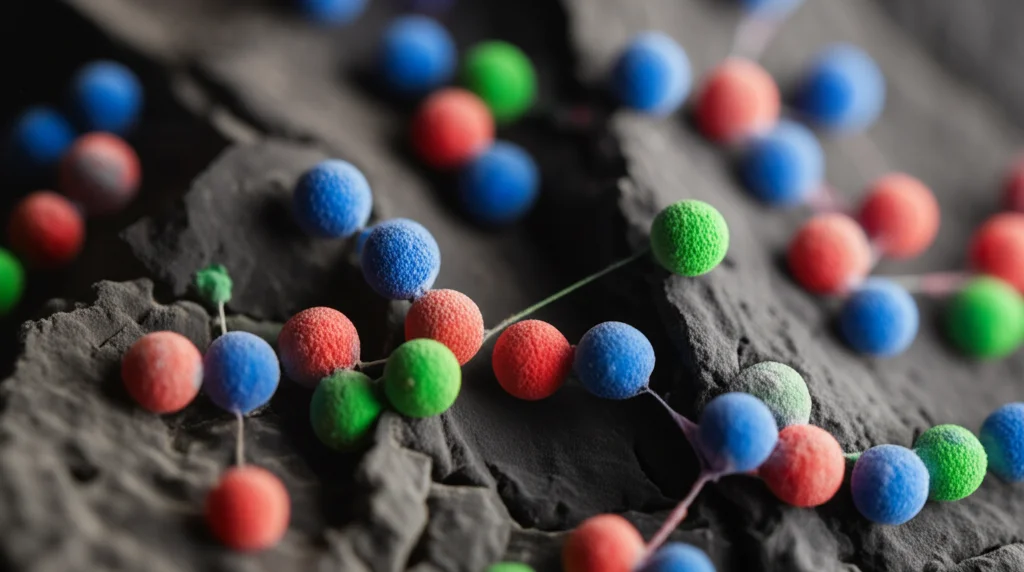 Visualizzazione scientifica astratta che mostra molecole di colorante colorate (blu, rosso, verde) che vengono adsorbite sulla superficie porosa grigio scuro di un pezzo di carbone attivo. Effetto profondità di campo, prime lens 35mm, depth of field.