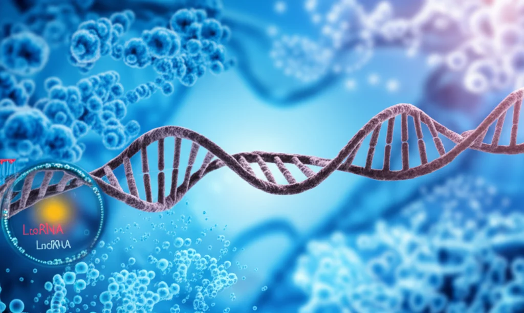 Ricerca scientifica sulla Leucemia Mieloide Acuta, visualizzazione di filamenti di DNA e RNA con focus su LncRNA specifici legati alla disulfidptosi, ambiente di laboratorio high-tech con microscopi e schermi di dati, illuminazione controllata e precisa, lente macro 100mm per dettaglio molecolare, alta definizione.