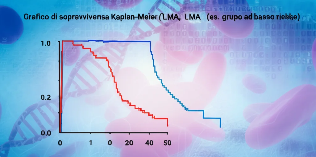 Grafico di sopravvivenza Kaplan-Meier stilizzato che mostra chiaramente la divergenza tra la curva del gruppo ad alto rischio (es. rossa, discendente rapidamente) e quella del gruppo a basso rischio (es. blu, più stabile) per pazienti LMA, sovrapposto a un background astratto di dati genomici o cellule sanguigne, focus nitido sulle curve e sulla significatività statistica (P-value), lente prime 50mm.
