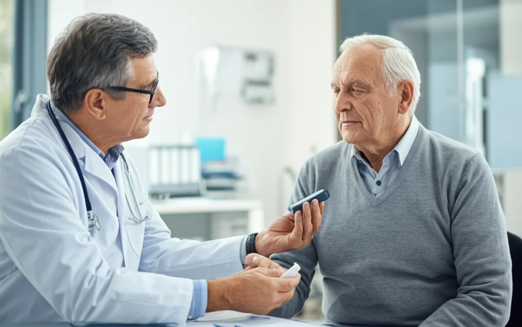 Un medico anziano e rassicurante spiega i risultati di un test point-of-care (simile a un glucometro) a un paziente anziano in una clinica ambulatoriale luminosa. Obiettivo prime, 35mm, profondità di campo, luce naturale controllata.