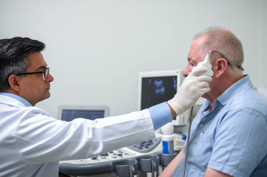 Immagine fotorealistica di un medico che esegue un'ecografia transcranica (TCS) su un paziente seduto. Luce controllata, focus preciso sulla sonda ecografica posizionata sulla tempia del paziente. Stile documentaristico medico, obiettivo 50mm, profondità di campo.