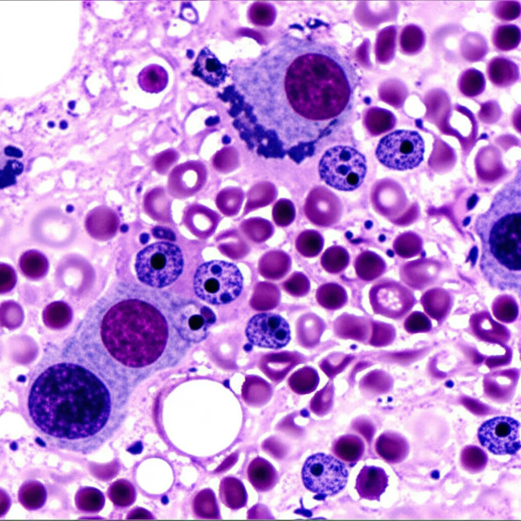Microambiente tumorale della Leucemia Mieloide Acuta visualizzato al microscopio ad alta potenza, mostrando cellule leucemiche (es. grandi, con nucleo irregolare) circondate da diverse cellule immunitarie infiltrate (linfociti T piccoli e scuri, macrofagi più grandi), evidenziando l'interazione cellulare, lente macro 60mm, illuminazione da campo chiaro, alta risoluzione.