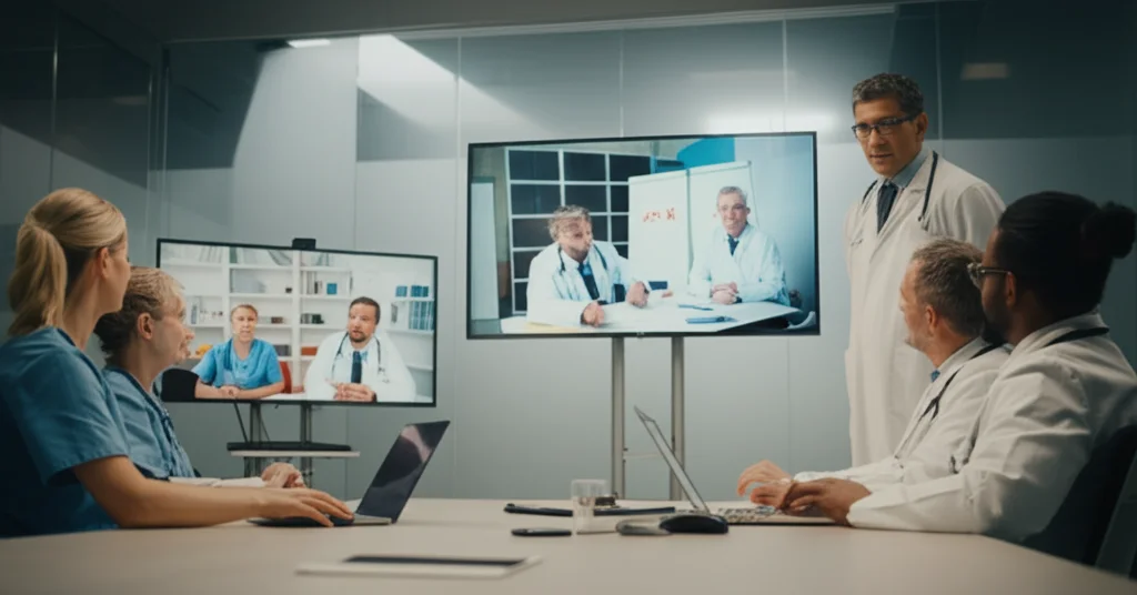 Un gruppo eterogeneo di medici (anestesista, cardiologo, chirurgo) discute animatamente ma in modo collaborativo davanti a schermi medici in una sala riunioni moderna, alcuni partecipano tramite videoconferenza su uno schermo grande. Obiettivo zoom, 24-70mm, luce da ufficio controllata, focus nitido sui volti e sugli schermi.