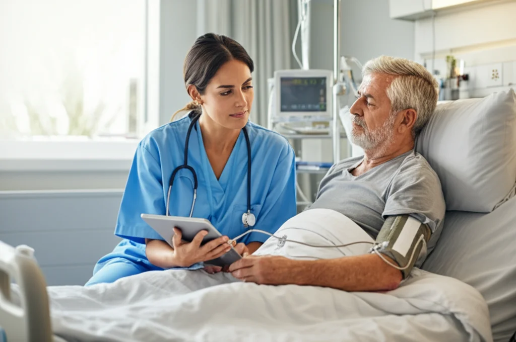 Un'infermiera specializzata in insufficienza cardiaca, sorridente e attenta, controlla i parametri vitali di un paziente anziano a letto in una stanza d'ospedale post-operatoria, con un tablet in mano. Obiettivo prime, 50mm, profondità di campo che sfoca leggermente lo sfondo, luce morbida dalla finestra.