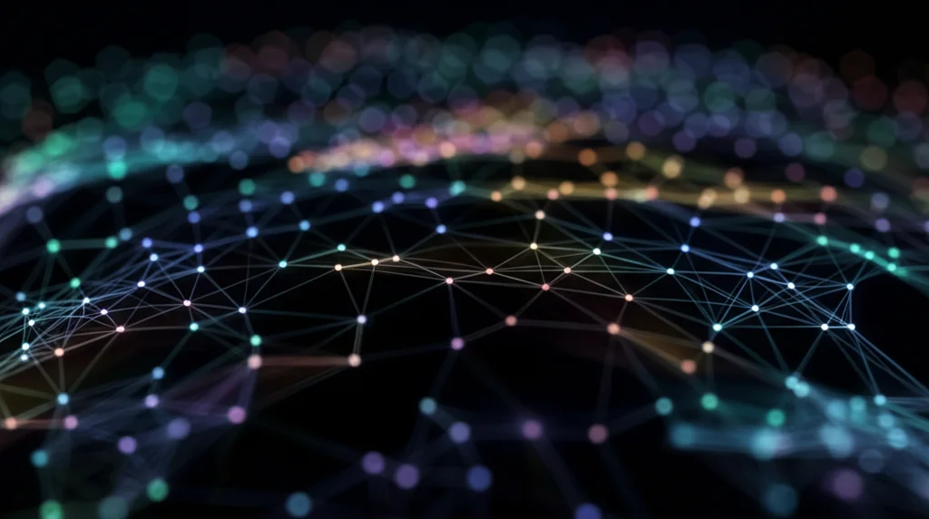 Visualizzazione astratta dei dati di addestramento per un LLM, con nodi luminosi interconnessi che rappresentano articoli scientifici, libri e pagine web sull'astronomia. Macro lens, 85mm, high detail, controlled lighting, sfondo scuro.