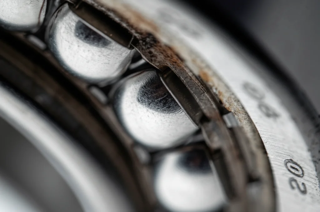 Fotografia macro ad alta definizione di un cuscinetto a sfere industriale con segni visibili di usura su una pista, illuminazione controllata per evidenziare i dettagli del metallo. Obiettivo macro 100mm, alta definizione, messa a fuoco precisa.