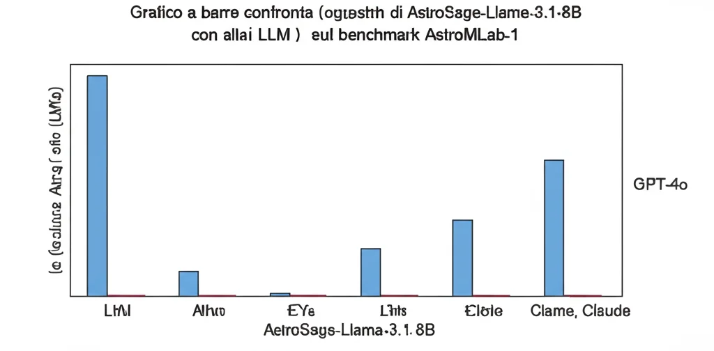 Grafico a barre che confronta le prestazioni di AstroSage-Llama-3.1-8B con altri LLM (GPT-4o, Claude, Llama) sul benchmark AstroMLab-1. Stile infografica scientifica, high detail, precise focusing.