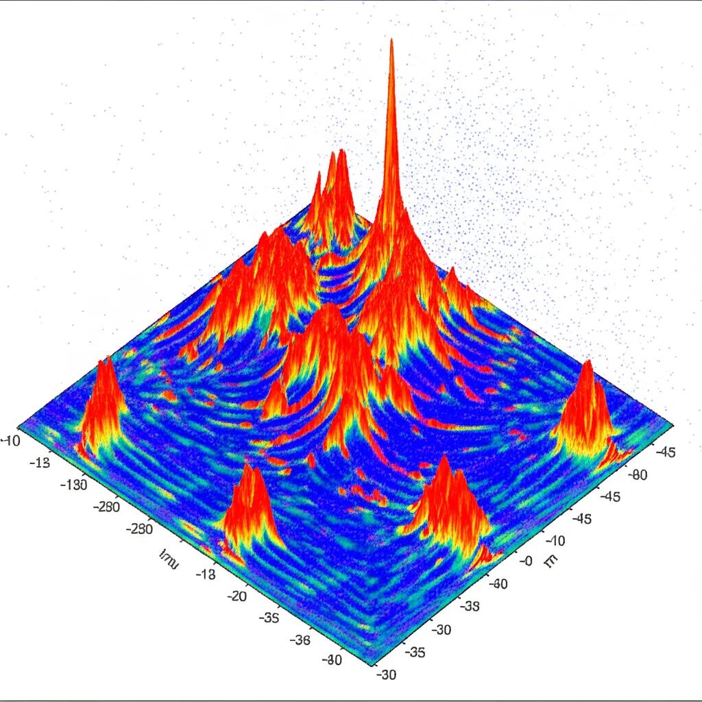 Visualizzazione astratta di uno spettrogramma tempo-frequenza colorato generato da trasformata wavelet continua, sovrapposto a un'immagine stilizzata di una rete neurale convoluzionale asimmetrica con meccanismi di attenzione evidenziati. Focus nitido sui pattern dello spettrogramma, sfondo scuro.