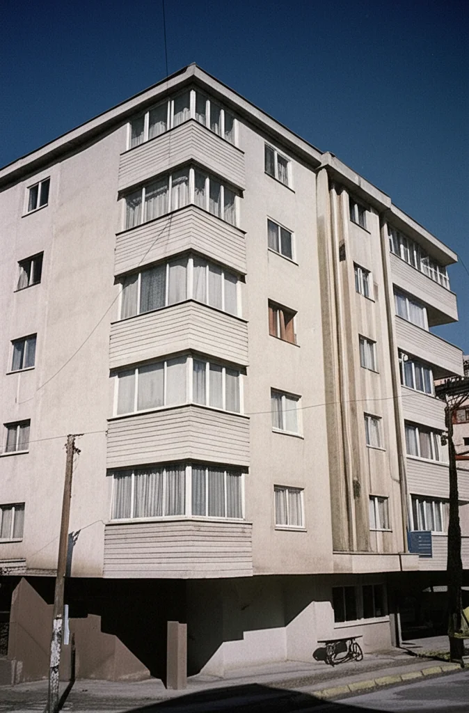 Fotografia architettonica di una facciata di un edificio residenziale modernista a Isparta, Turchia, anni '60. Obiettivo 50mm, linee pulite tipiche del modernismo, balconi integrati, luce diurna neutra, leggero contrasto tra cemento e finestre.
