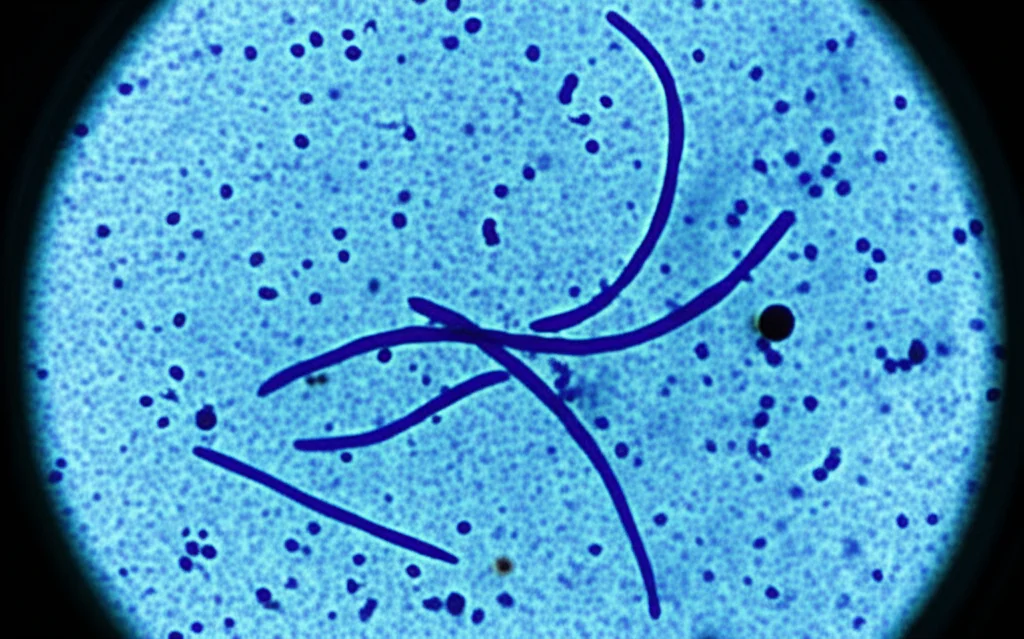 Visualizzazione al microscopio di batteri Helicobacter pylori, fotografia macro con lente da 100mm, alta definizione, illuminazione controllata da laboratorio scientifico.