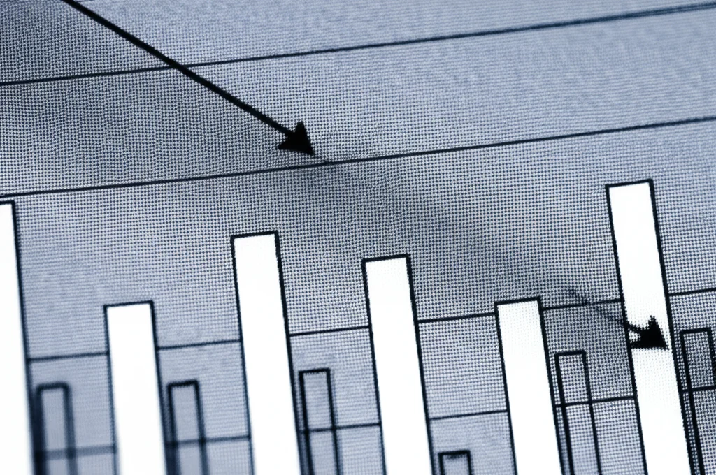 Grafici astratti che mostrano una tendenza statistica al ribasso, rappresentazione visiva dell'analisi dei dati nella ricerca medica sulla riduzione del rischio di cancro, scatto grandangolare con lente da 24mm, messa a fuoco nitida, estetica moderna e pulita.
