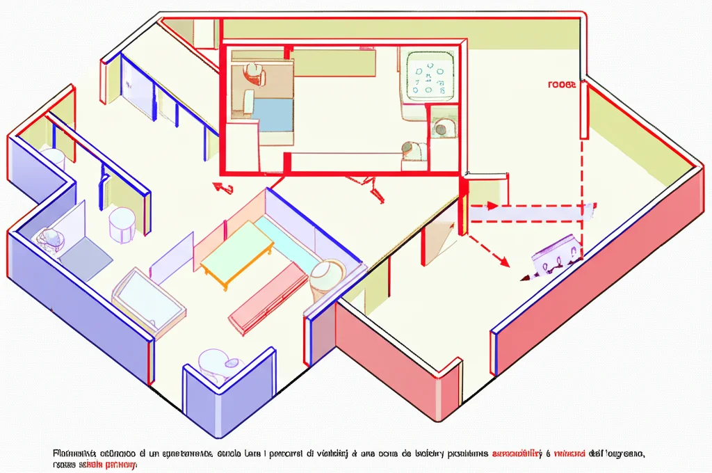 Planimetria stilizzata di un appartamento modernista analizzata con Space Syntax. Linee colorate indicano i percorsi di visibilità e accessibilità dall'ingresso (blu=poco profondo, rosso=molto profondo). Focus sulla camera da letto posizionata in una zona 'rossa', indicando alta privacy. Stile grafico tecnico, alta definizione.