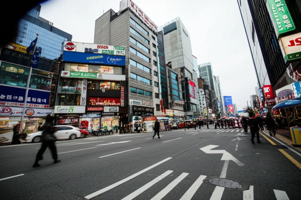 Scena di strada affollata in una moderna città dell'Asia Orientale come Seoul, fotografia grandangolare con lente da 15mm, messa a fuoco nitida, cattura della vita quotidiana per rappresentare il focus geografico della ricerca sull'Helicobacter pylori.